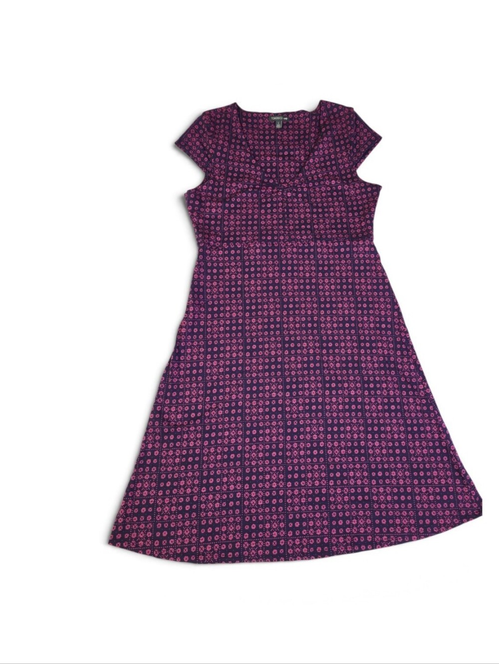Toad & Co Rosemarie A Line Dress Purple Pink Geometric Organic Cotton V Neck L